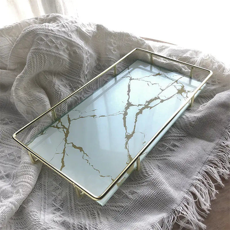Elegant Marble Pattern Glass Makeup Organizer Tray