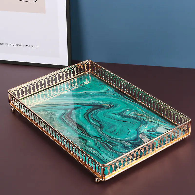 Elegant Marble Pattern Glass Makeup Organizer Tray