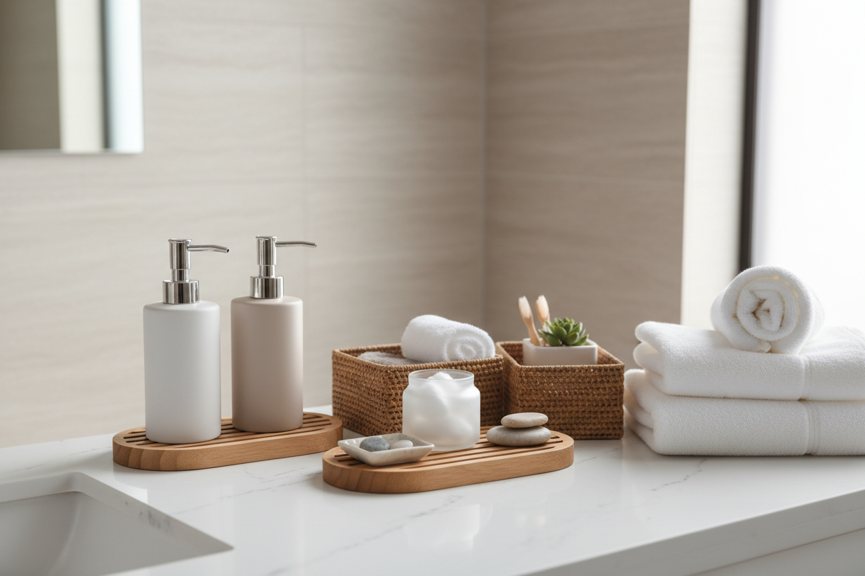 •	Clean bathroom countertop
	•	Neutral colors (beige, white, soft brown)
	•	Items like:
	•	Soap dispensers
	•	Bathroom trays
	•	Storage bins
	•	Towels neatly folded