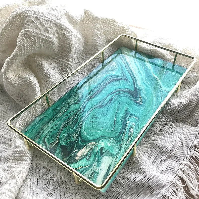 Elegant Marble Pattern Glass Makeup Organizer Tray